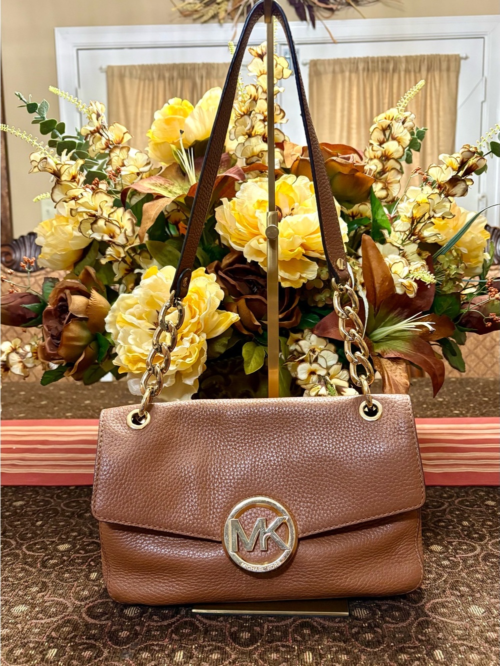 Michael Kors Chestnut Pebbled Leather Shoulder Bag with Gold MK Emblem